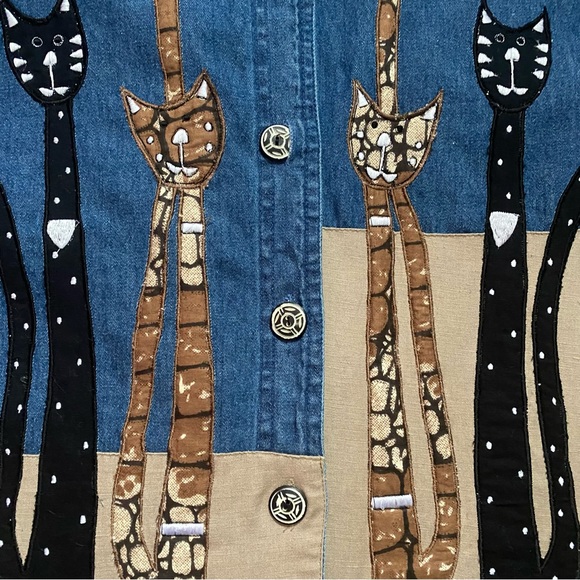 🌈4/$20🌈 Vintage 90s/Y2K CAT Applique Star Embroidered Kitsch Denim Shirt 2X - Picture 9 of 13
